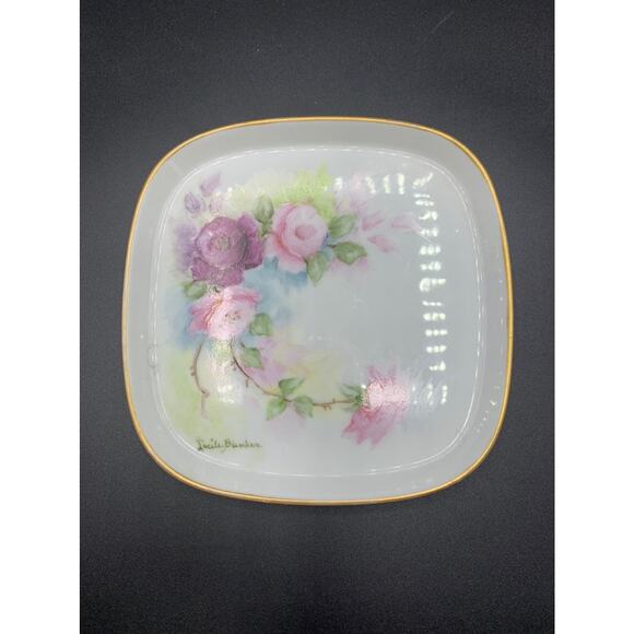 Vintage Hand-Painted Floral Trinket Dish by Lucile Bunker, Gold Trim - Picture 1 of 4